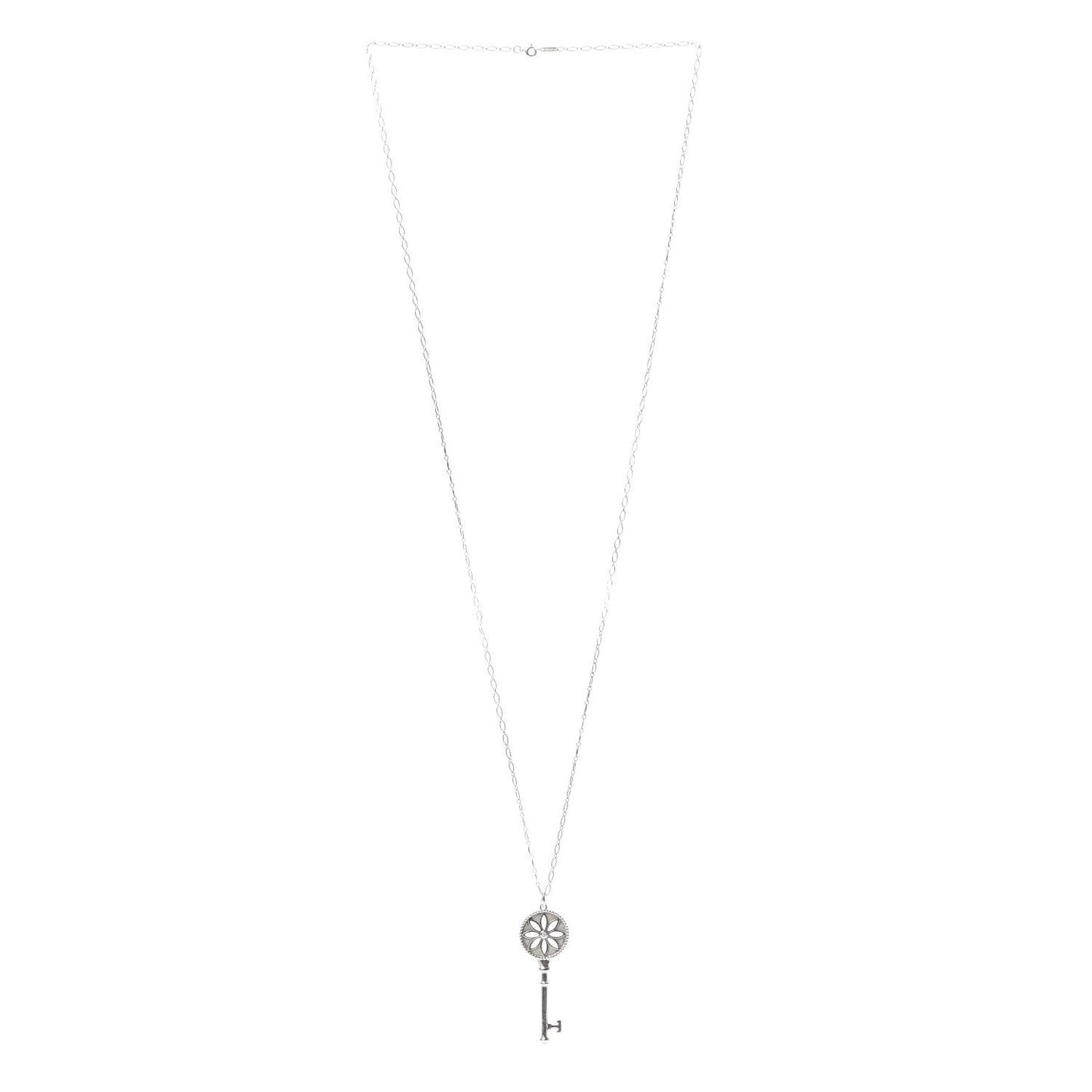 Sterling Silver Diamond Large Daisy Key Pendant Link Necklace
