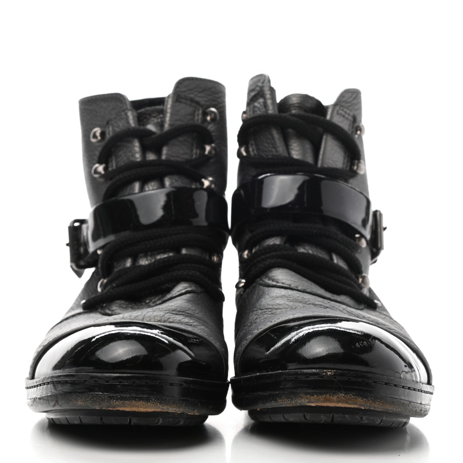 Chanel Metallic Grained Calfskin Patent Cap Toe Combat Short Boots 37.5 Dark Silver 2 of 15