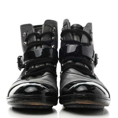 Chanel Metallic Grained Calfskin Patent Cap Toe Combat Short Boots 37.5 Dark Silver 2 of 15