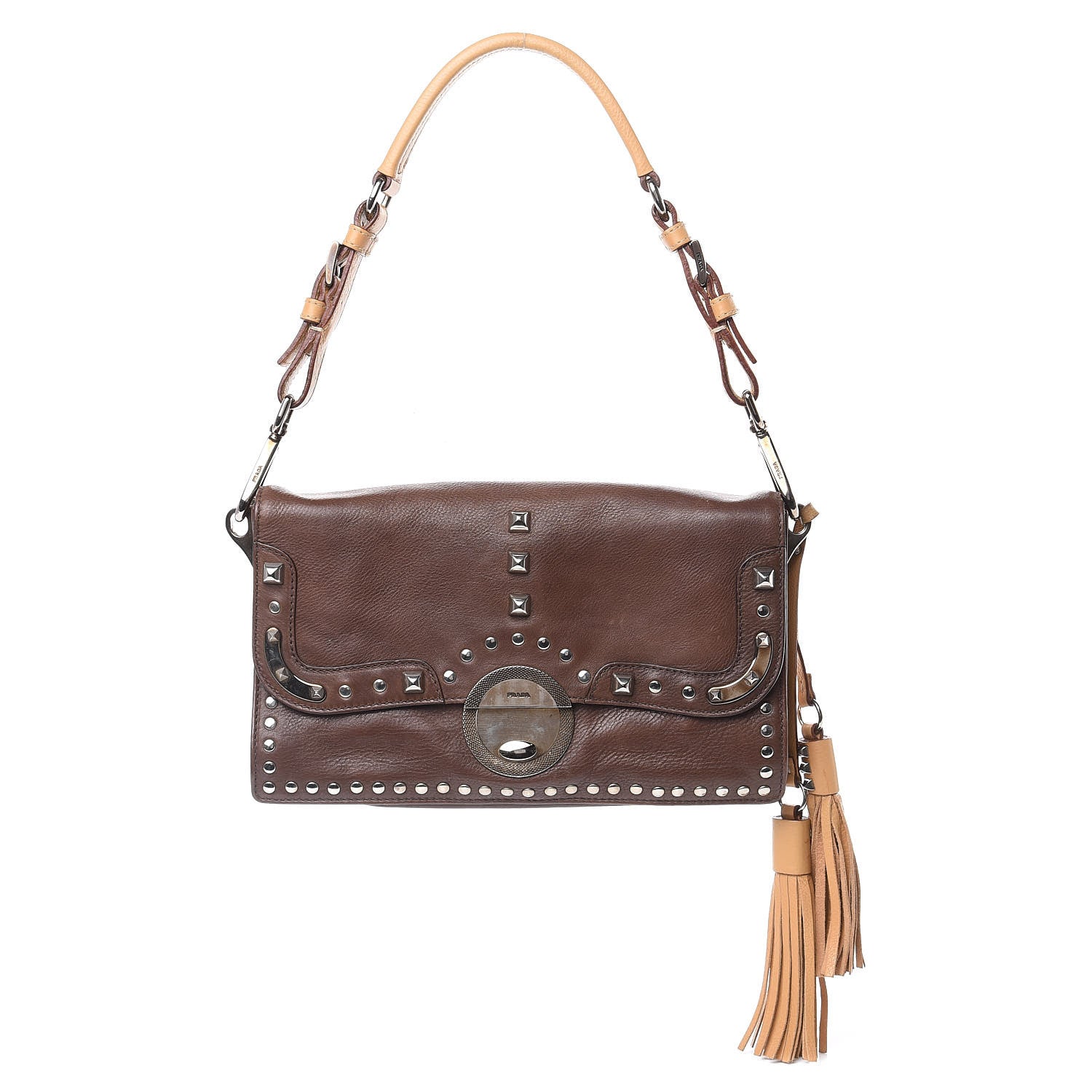 Prada Glace Calfskin Studded Detachable Clutch Shoulder Bag Bruciato 1 of 15