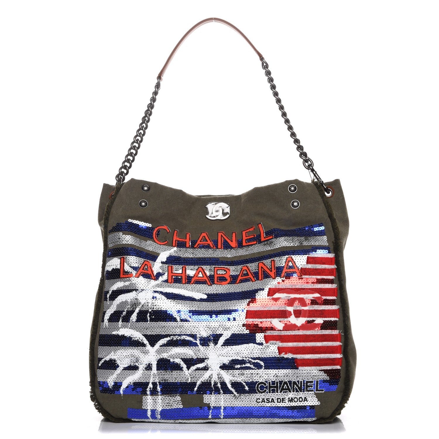 Chanel Canvas Sequins Cubano Trip Hobo Khaki 1 of 7
