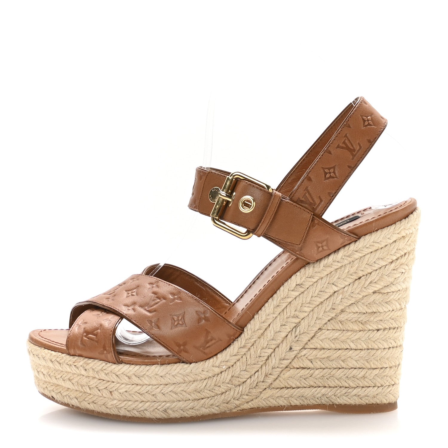 Louis Vuitton Calfskin Monogram Embossed Espadrille Wedge Sandals 38.5 Cognac 1 of 8