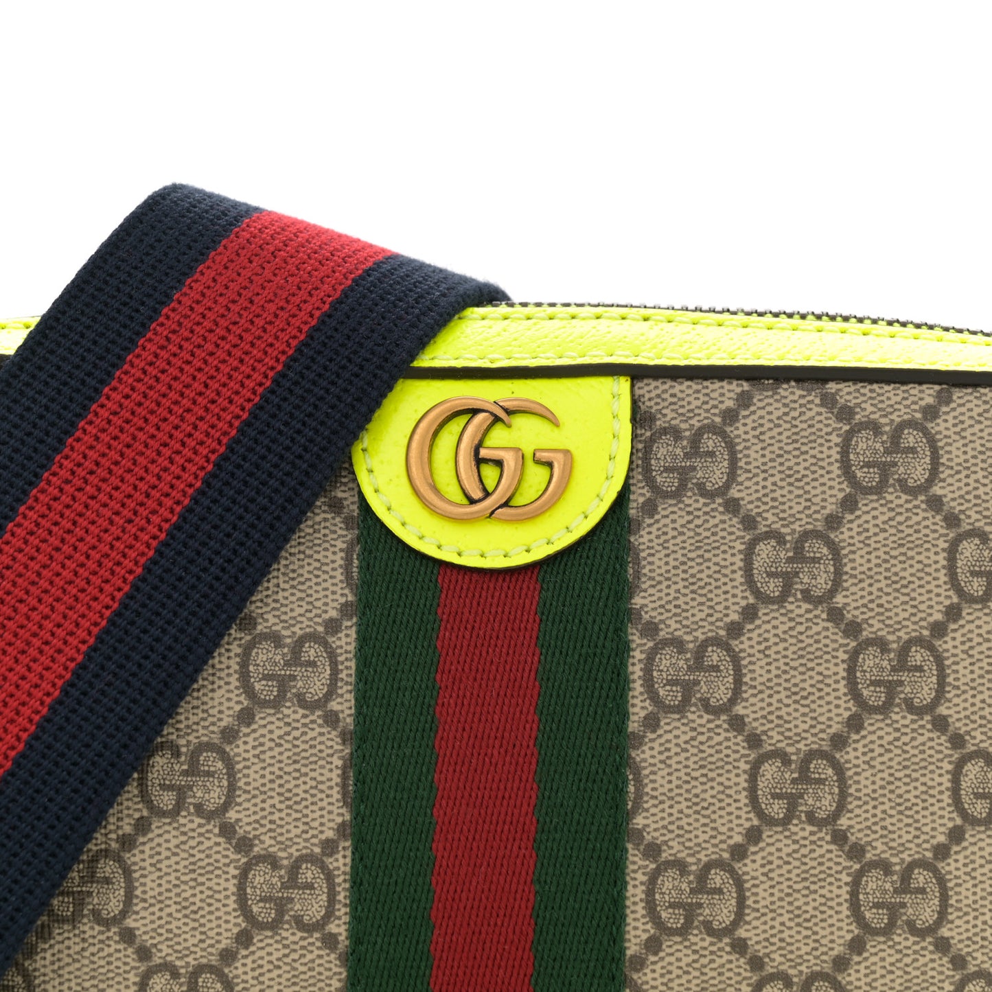 GG Supreme Monogram Textured Dollar Calfskin Web Ophidia Wristlet Shoulder Bag Beige Ebony Fluo Yellow