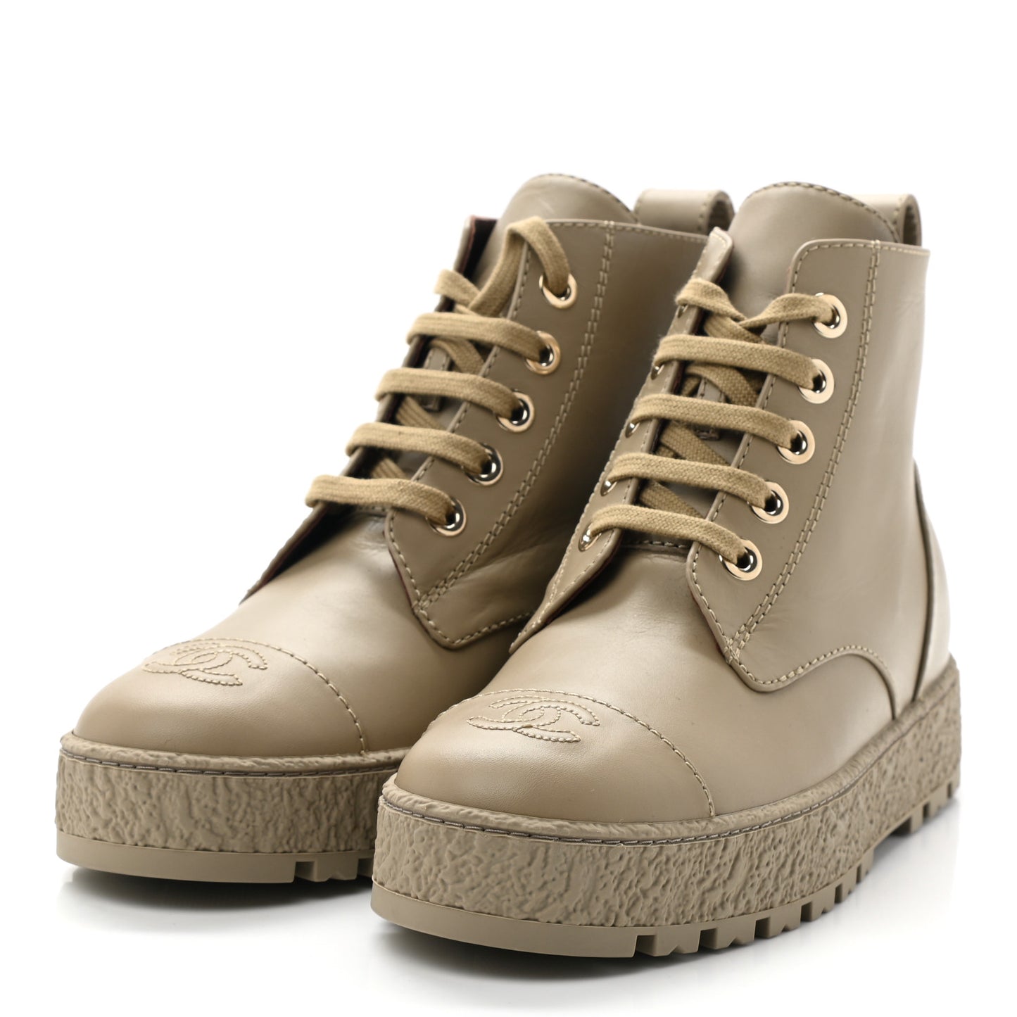 Calfskin CC Turnlock Lace Up Boots 38.5 Beige