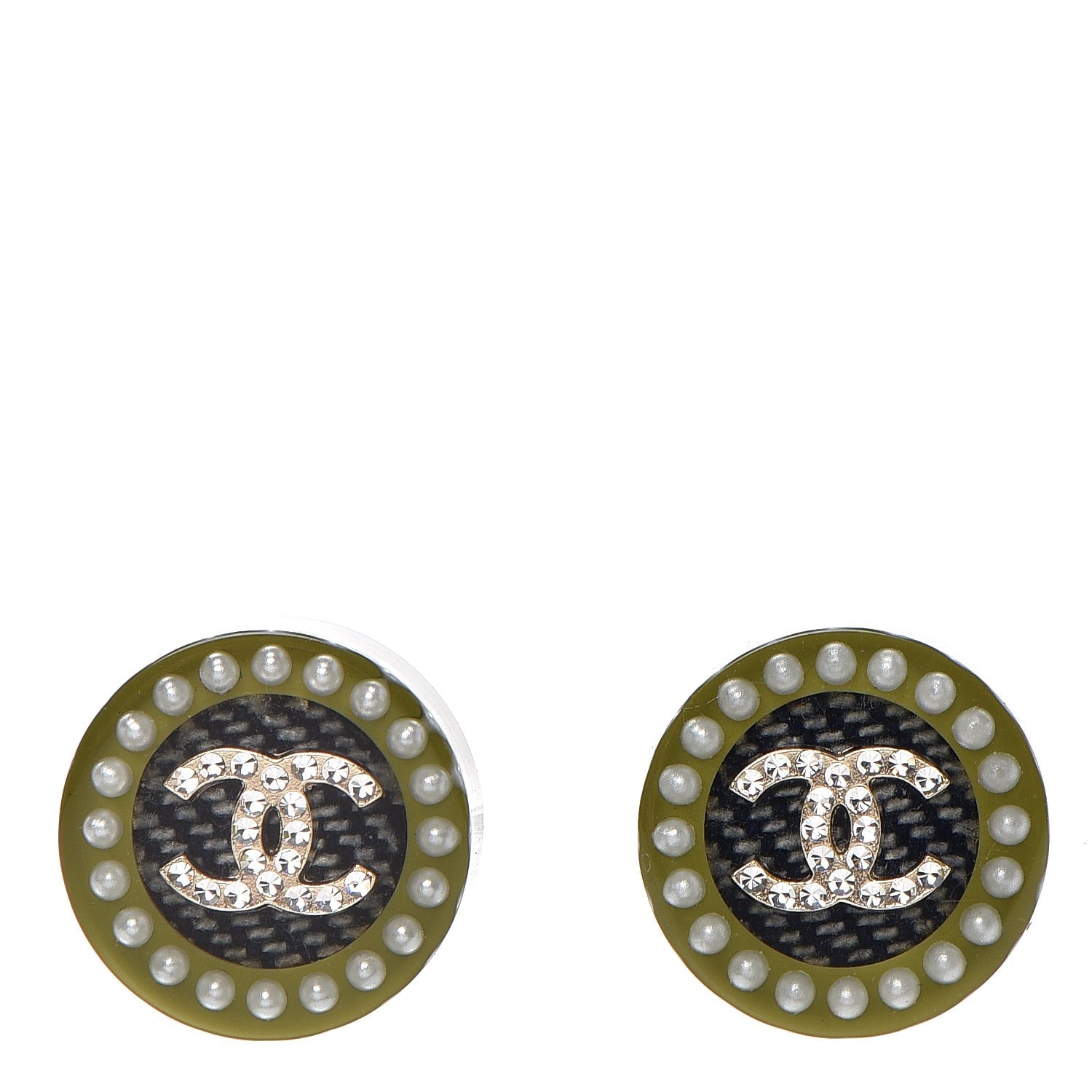Chanel Resin Pearl Crystal CC Earrings Black Green 1 of 5