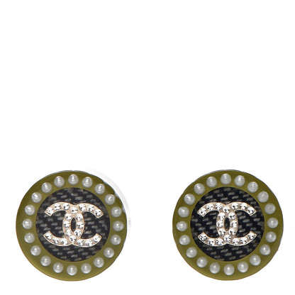 Chanel Resin Pearl Crystal CC Earrings Black Green 1 of 5
