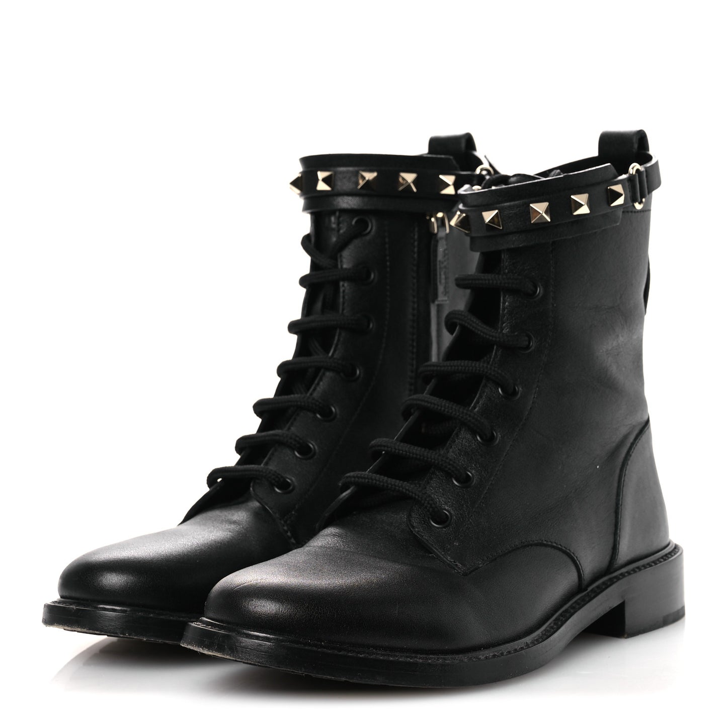 Calfskin Rockstud Combat Ankle Boots 37 Black