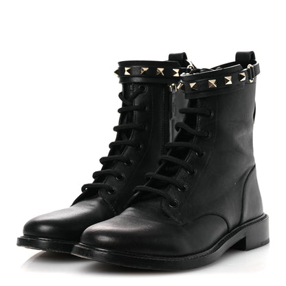 Valentino Garavani Calfskin Rockstud Combat Ankle Boots 37 Black 4 of 12