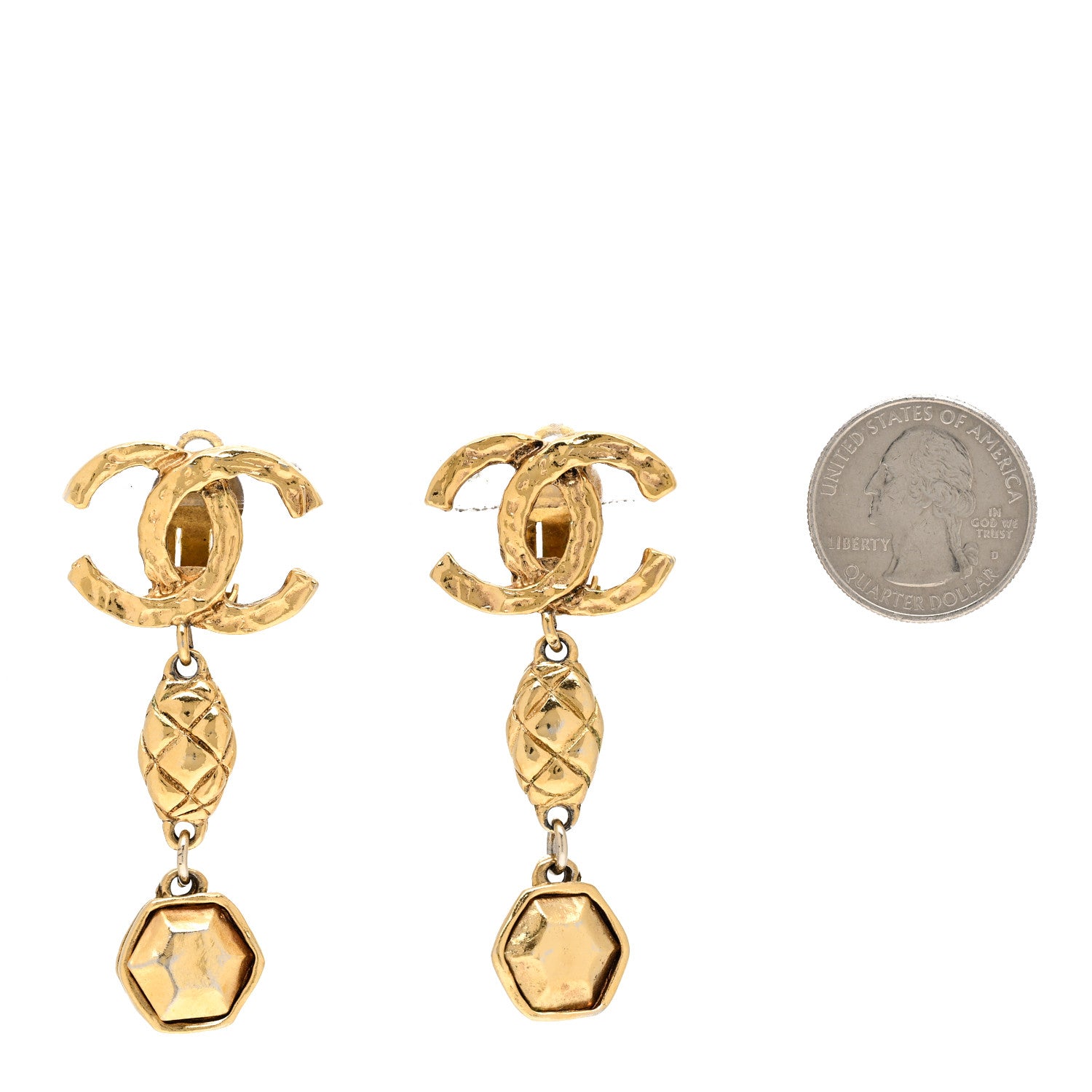 Chanel Metal CC Quilted Drop Clip On Earrings Gold 2 of 6