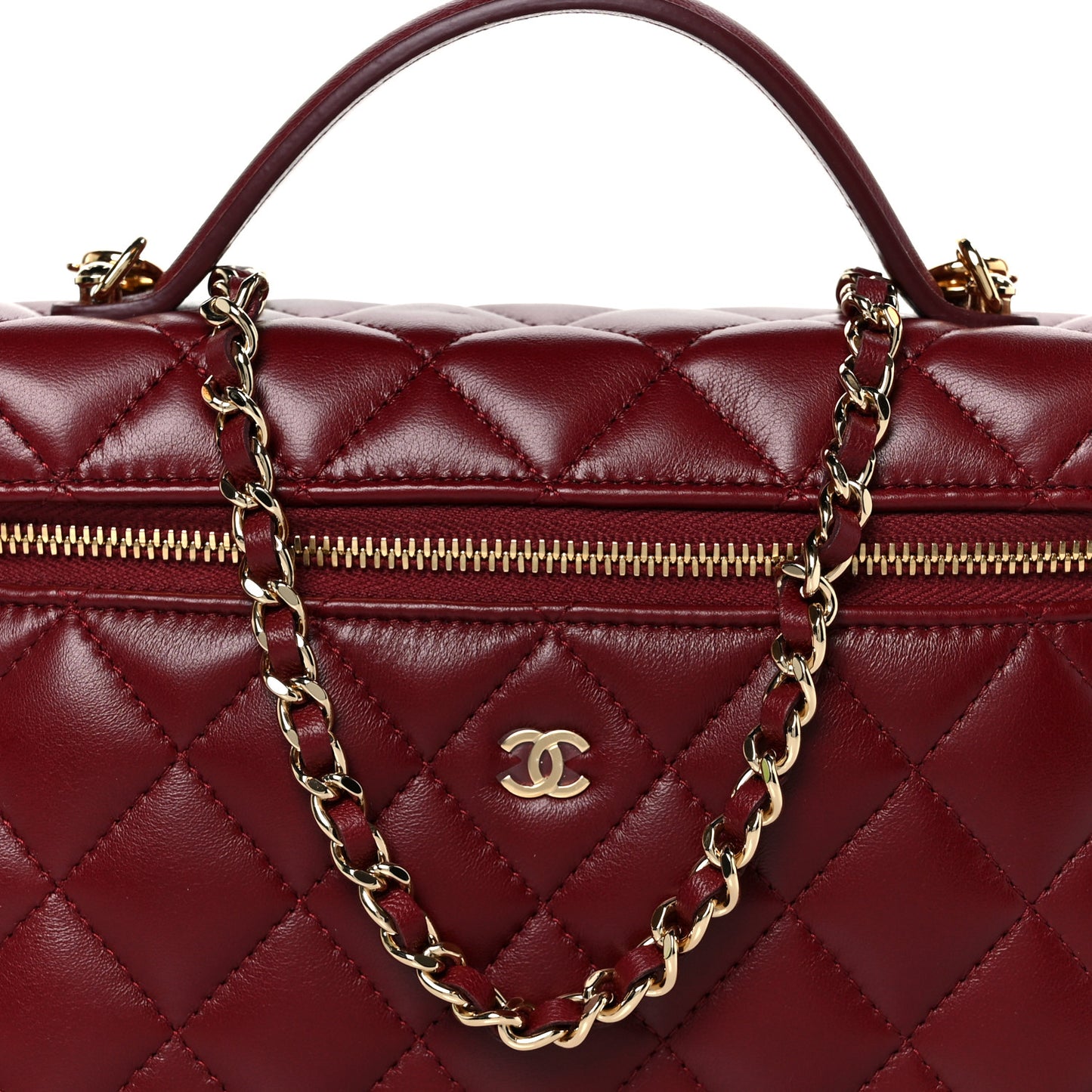 Lambskin Quilted Top Handle Slim Vanity With Chain Burgundy