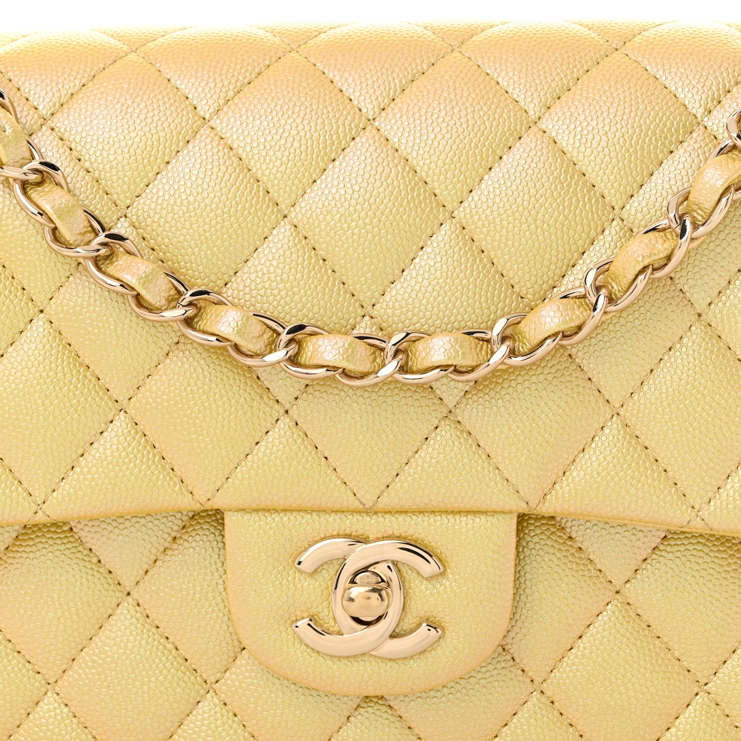 Iridescent Caviar Quilted Medium Double Flap Yellow