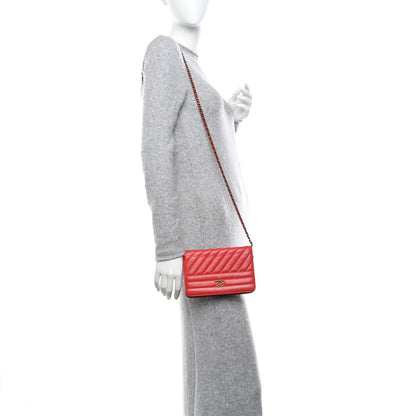 Chanel Goatskin Diagonal Quilted Wallet On Chain WOC Red 2 of 12