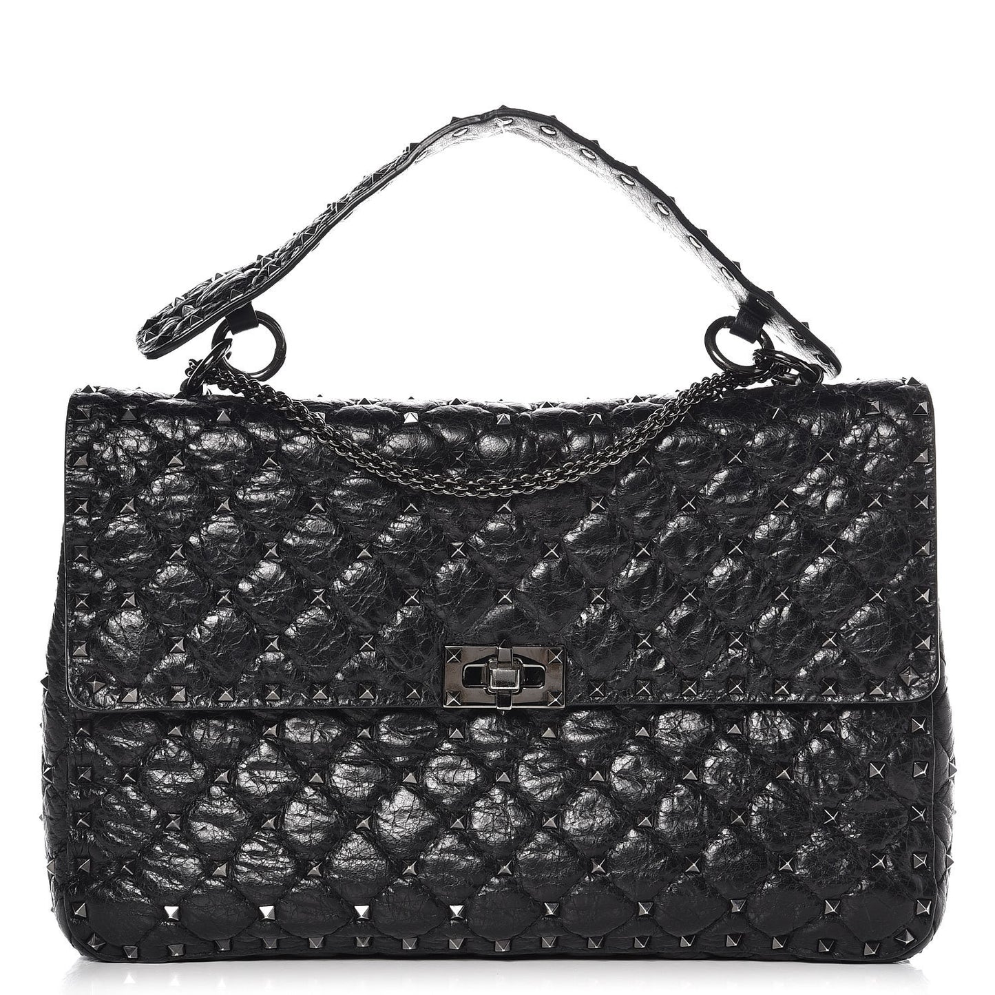 Craquele Nappa Large Rockstud Spike Shoulder Bag Black