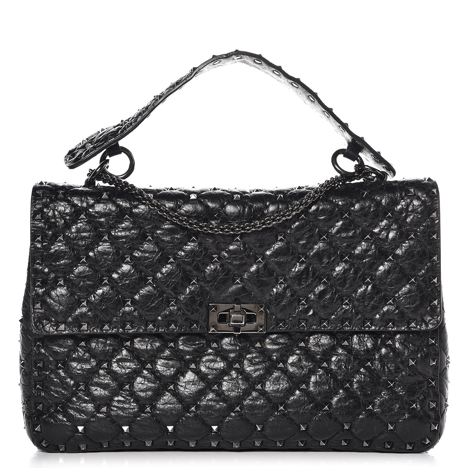 Valentino Garavani Craquele Nappa Large Rockstud Spike Shoulder Bag Black 1 of 6
