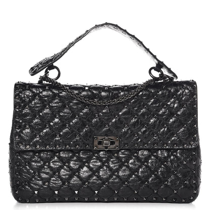 Valentino Garavani Craquele Nappa Large Rockstud Spike Shoulder Bag Black 1 of 6
