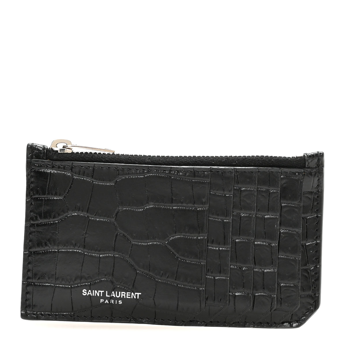 Calfskin Crocodile Embossed 5 Fragments Zip Pouch Card Holder Black