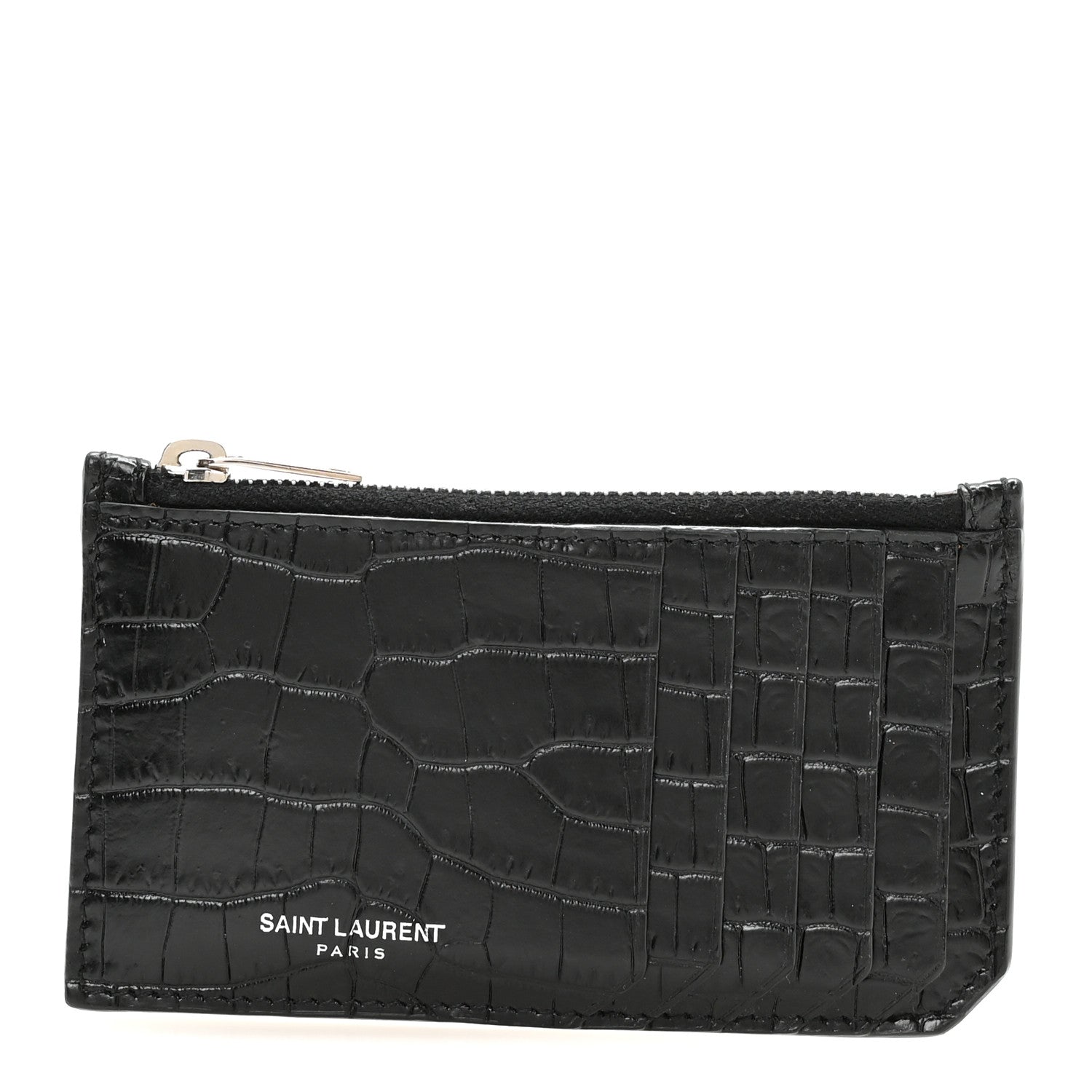 Saint Laurent Calfskin Crocodile Embossed 5 Fragments Zip Pouch Card Holder Black 1 of 8
