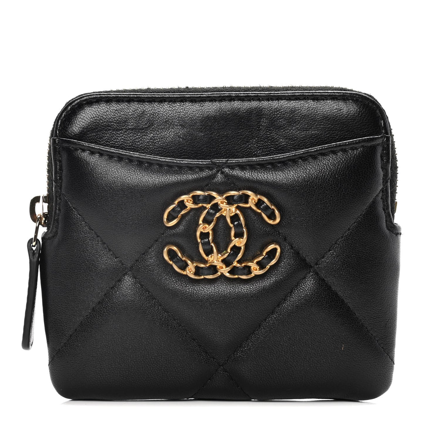 Lambskin Quilted Chanel 19 Zip Card Holder Wallet Black