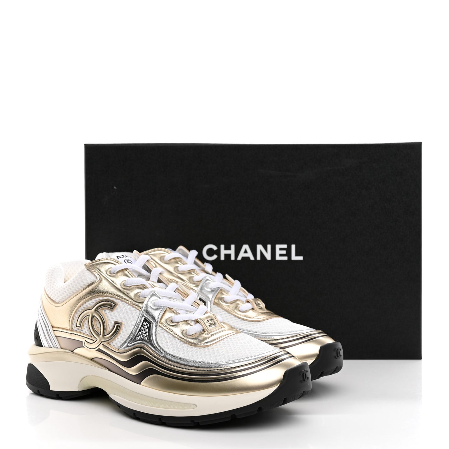 Fabric Laminated Calfskin Stretch CC Womens Sneakers 39 White Gold Silver