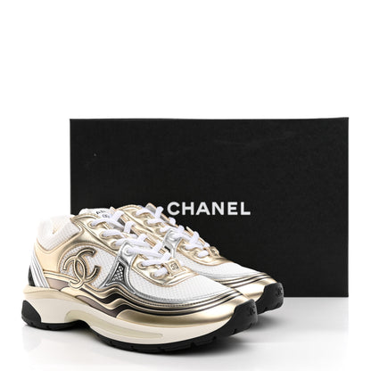 Chanel Fabric Laminated Calfskin Stretch CC Womens Sneakers 39 White Gold Silver 10 of 11