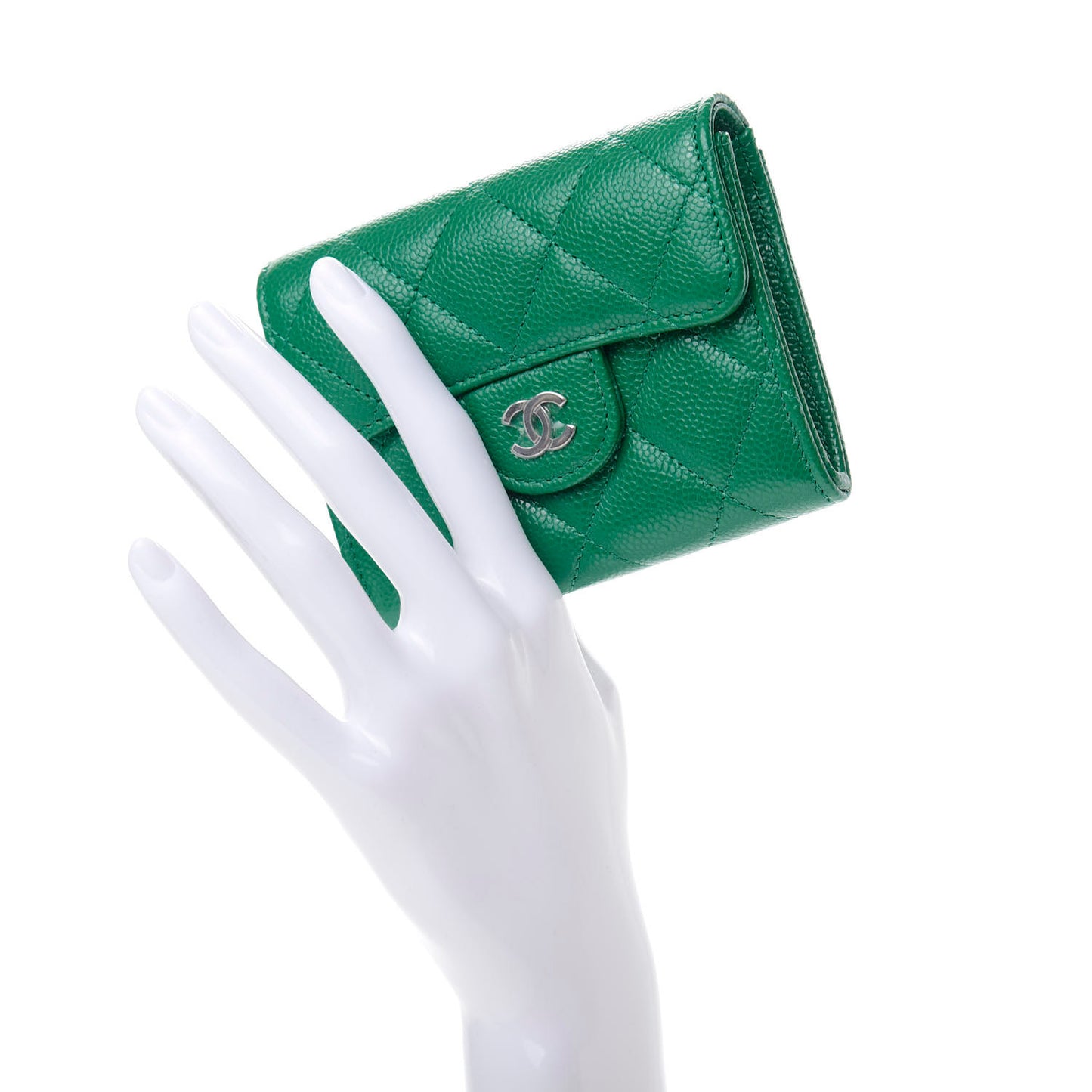 Caviar Quilted Flap Card Holder Wallet Green
