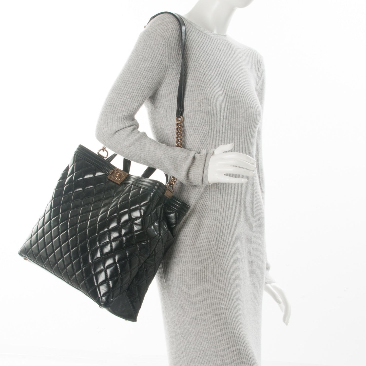 Glazed Calfskin Quilted Large Boy Tote Black