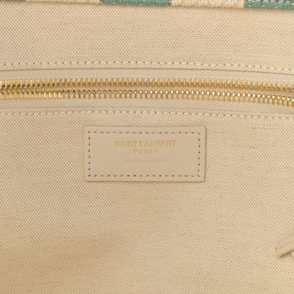 Saint Laurent Cotton Linen Calfskin Striped Rive Gauche Tote Water Green 6 of 11