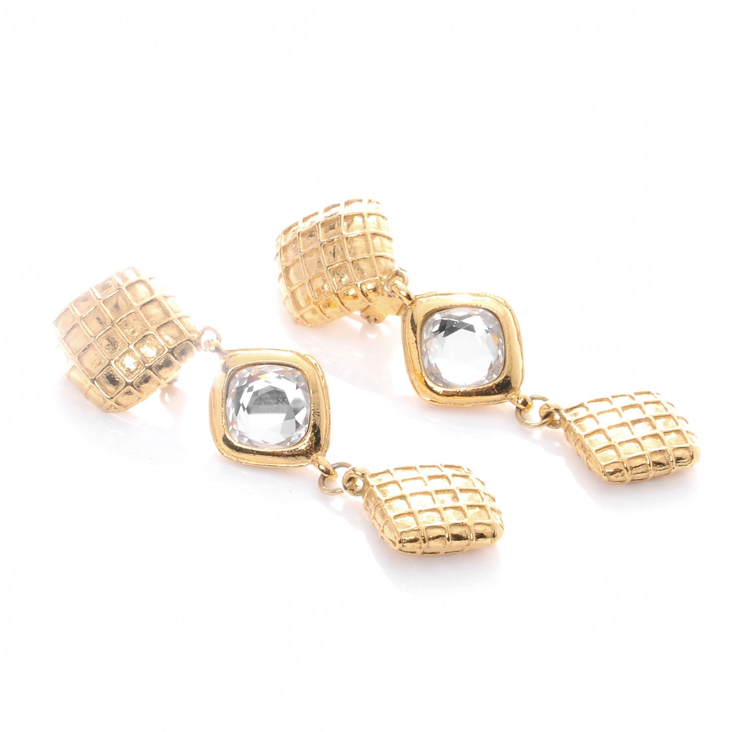 Crystal Quilted Clip On Earrings Gold