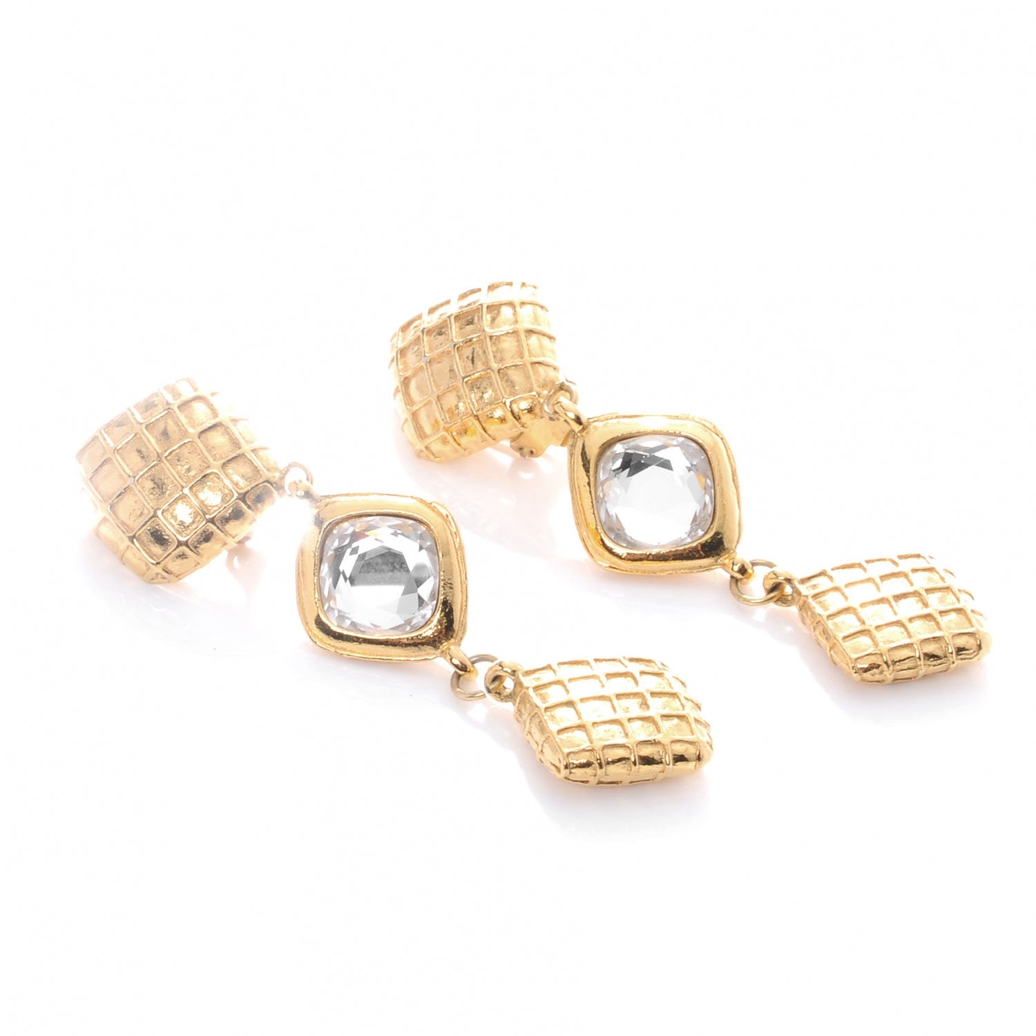Chanel Crystal Quilted Clip On Earrings Gold 1 of 4