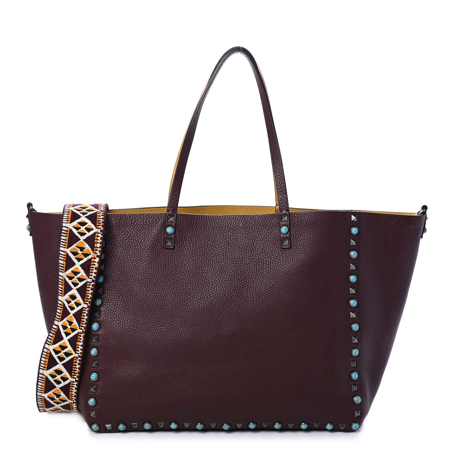 Stampa Alce Calfskin Medium Guitar Strap Rockstud Rolling Reversible Tote Wine Yellow