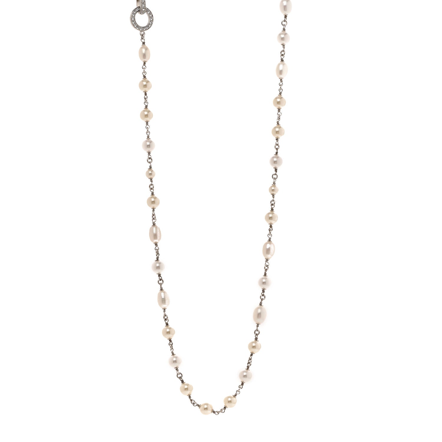 Chanel Crystal Pearl CC Long Necklace Silver 1 of 6