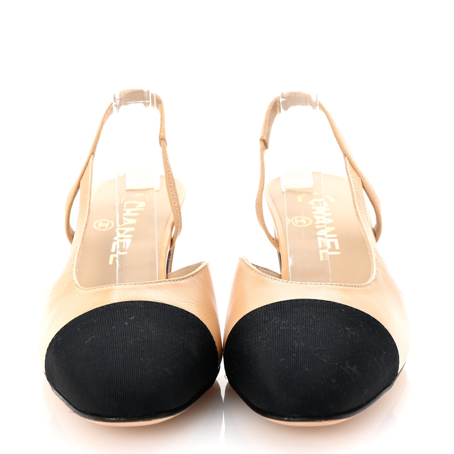 Goatskin Grosgrain Cap Toe CC Slingback Pumps 37 Beige Black