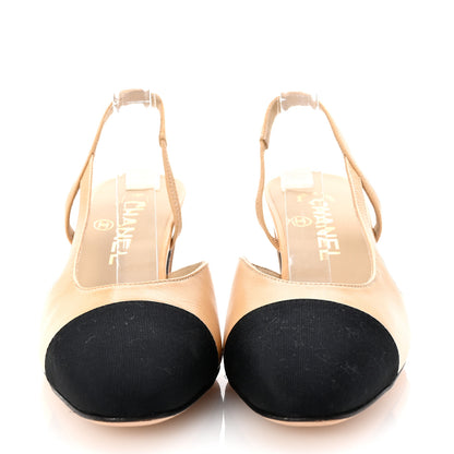 Chanel Goatskin Grosgrain Cap Toe CC Slingback Pumps 37 Beige Black 3 of 10