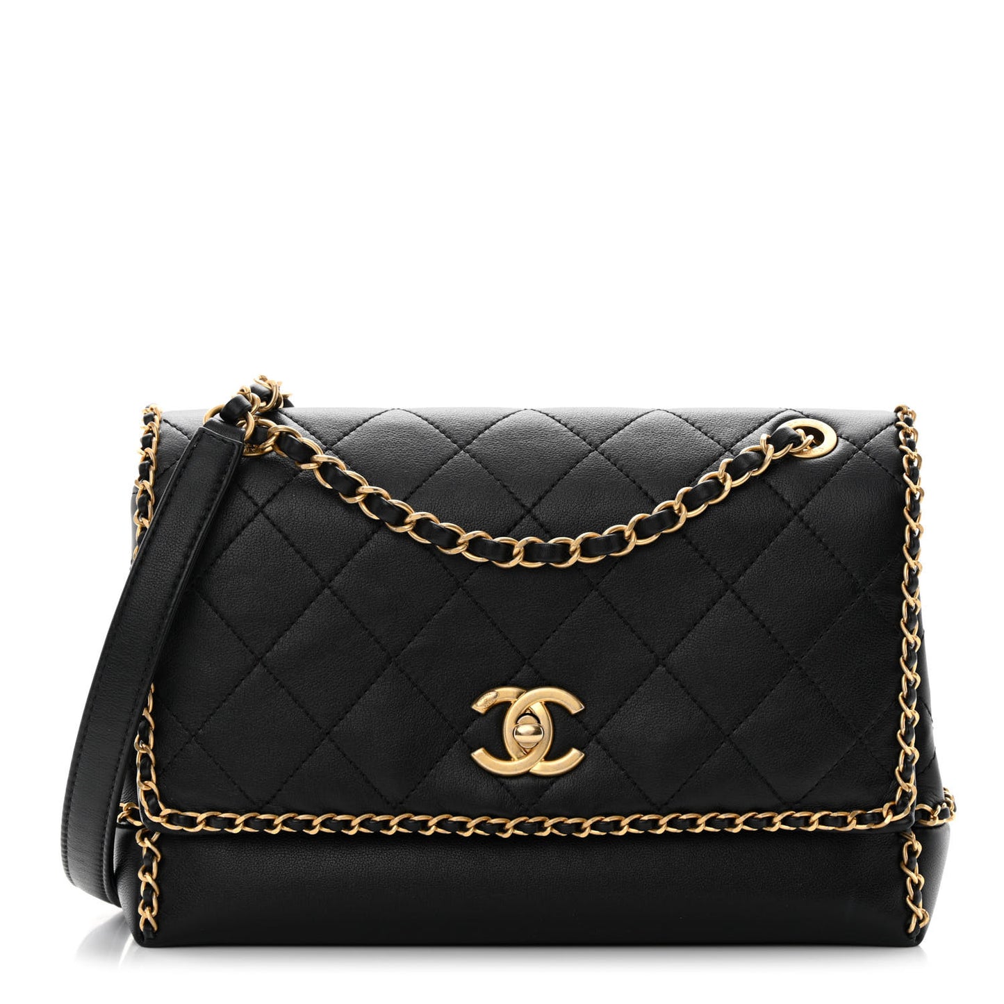 Calfskin Stitched Chain Flap Black