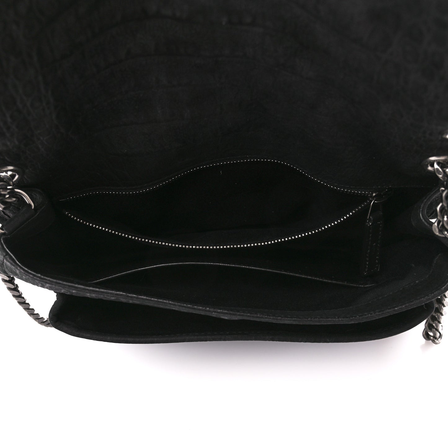 Nubuck Crocodile Embossed Monogram Medium Niki Chain Satchel Black