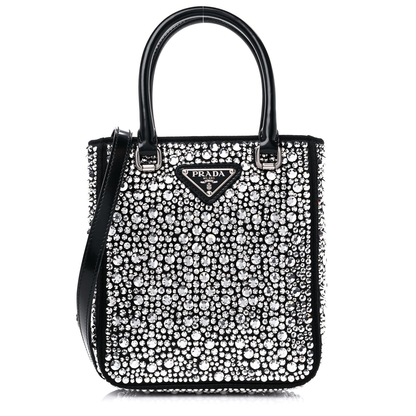 Satin Crystal Metal Triangle Logo Small Double Handle Crossbody Tote Metal