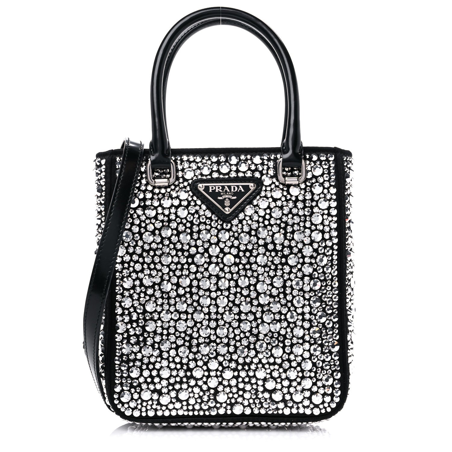Prada Satin Crystal Metal Triangle Logo Small Double Handle Crossbody Tote Metal 1 of 8