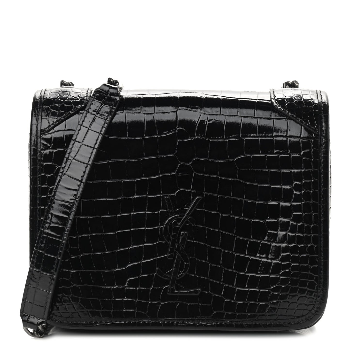Crocodile Embossed Lambskin Matelasse Monogram Niki Chain Wallet Black