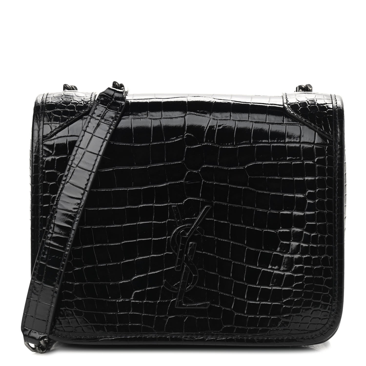Saint Laurent Crocodile Embossed Lambskin Matelasse Monogram Niki Chain Wallet Black 1 of 8