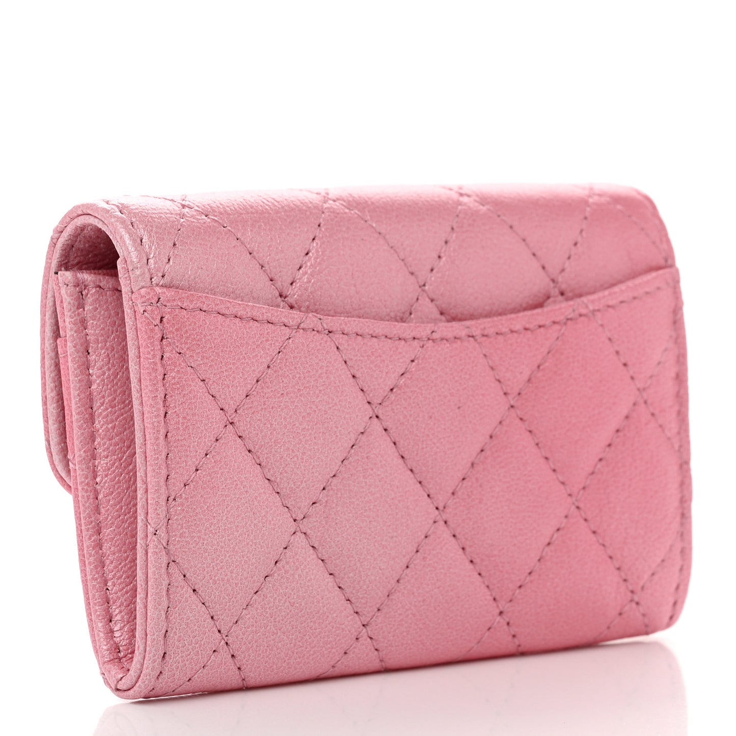 Cloudy Pearly Goatskin Quilted Flap Card Holder Wallet Light Pink