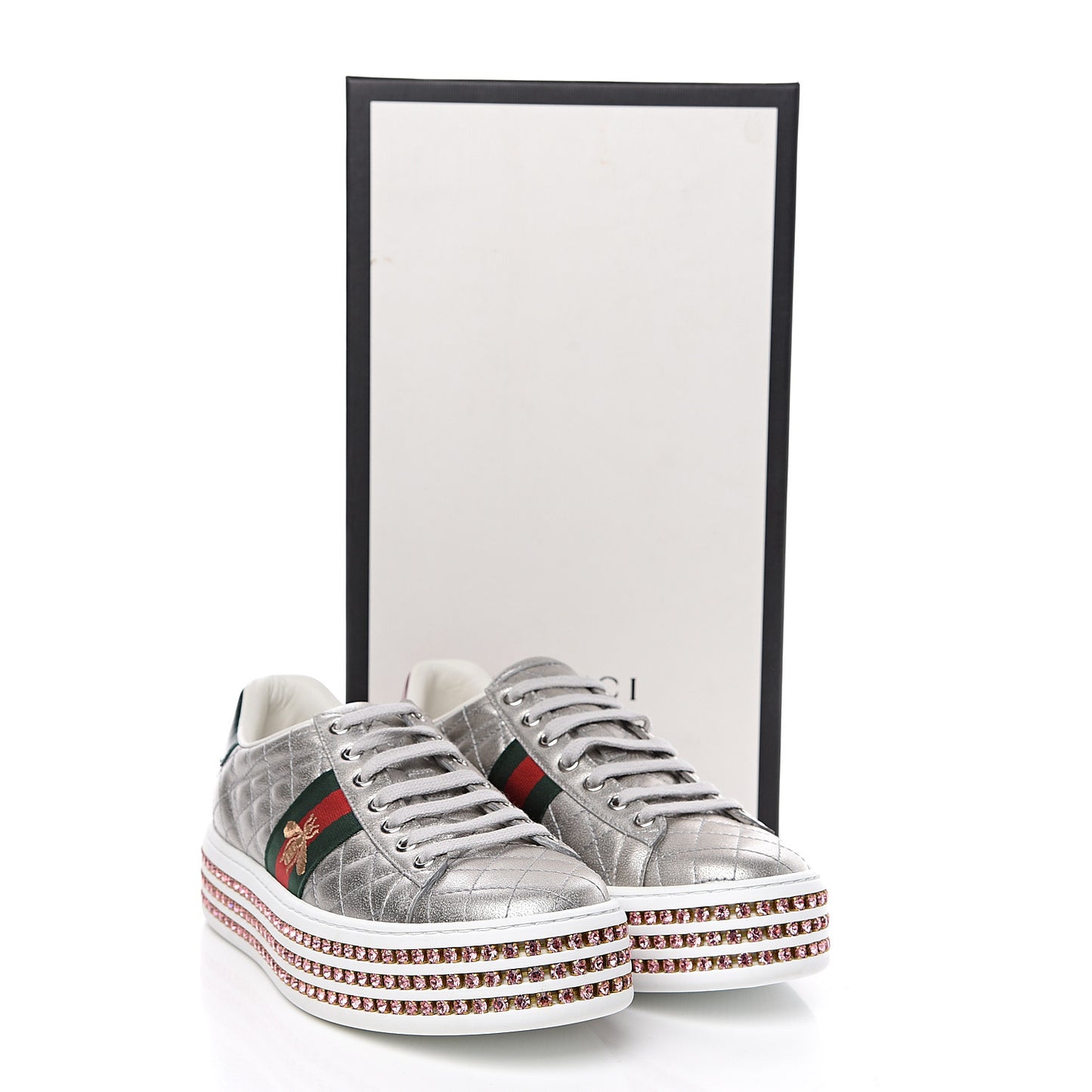 Laminated Nappa Crystal Web Bee Embroidered Trapuntata Womens Ace Platform Sneakers 37 Argento