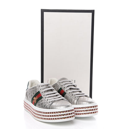 Gucci Laminated Nappa Crystal Web Bee Embroidered Trapuntata Womens Ace Platform Sneakers 37 Argento 8 of 8