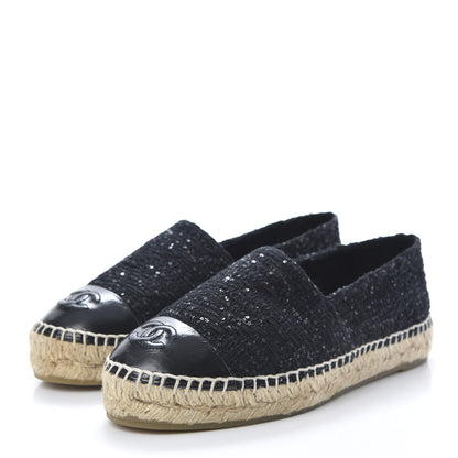 Chanel Tweed Patent Goatskin Sequin CC Espadrilles 37 Black 3 of 12