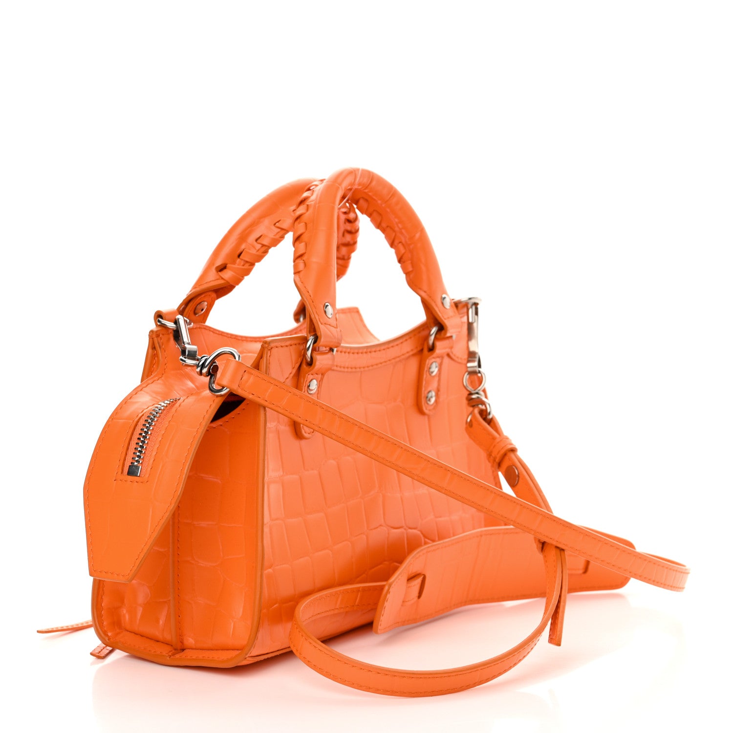Balenciaga Semi Shiny Calfskin Crocodile Embossed Neo Classic Silver Hardware Mini City Orange 3 of 11