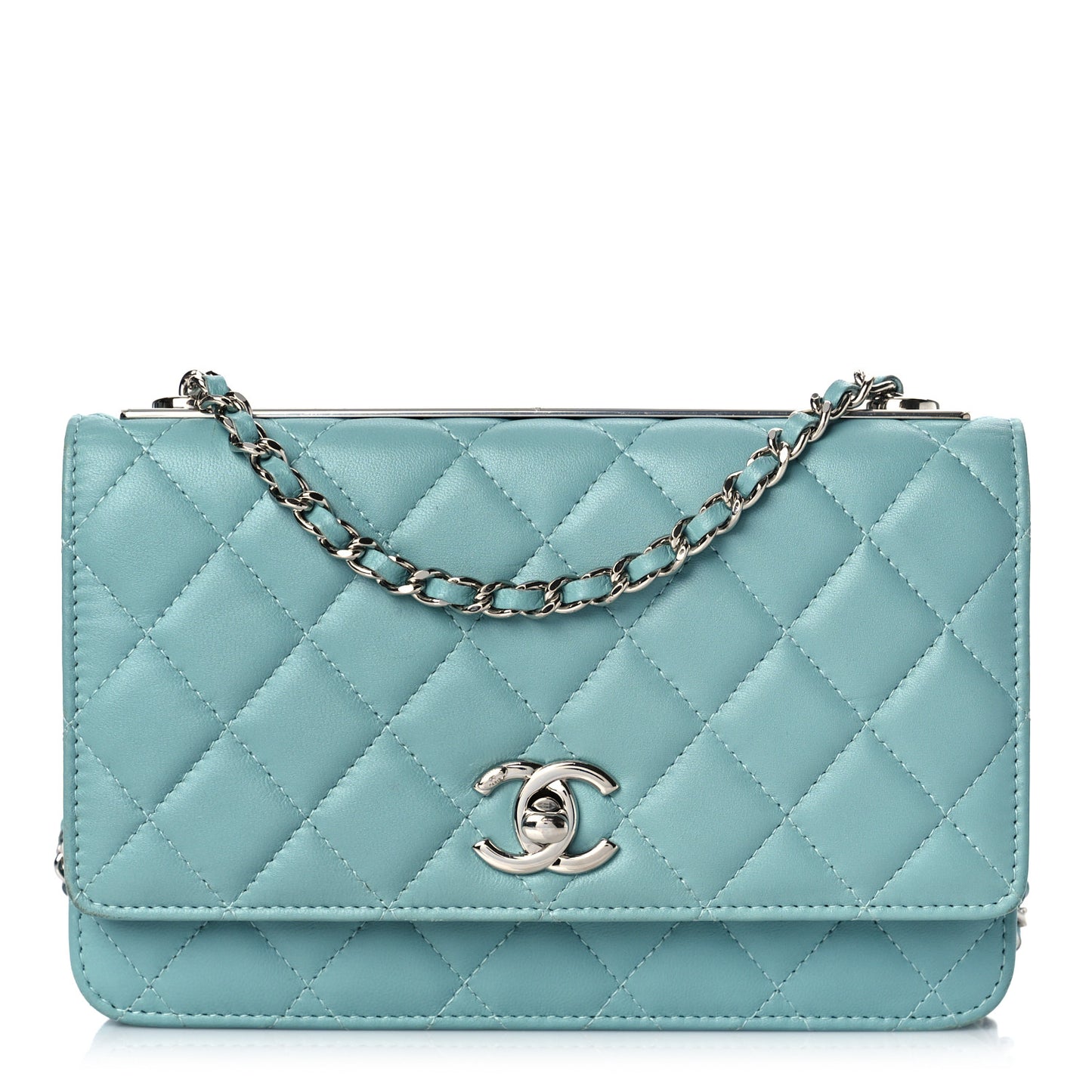 Lambskin Quilted Trendy CC Wallet On Chain WOC Light Blue