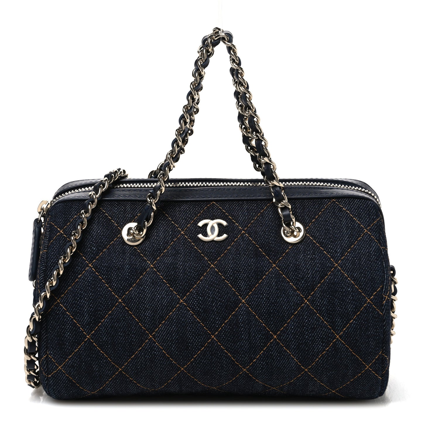Denim Quilted Barrel Clutch With Chain Dark Blue Orange