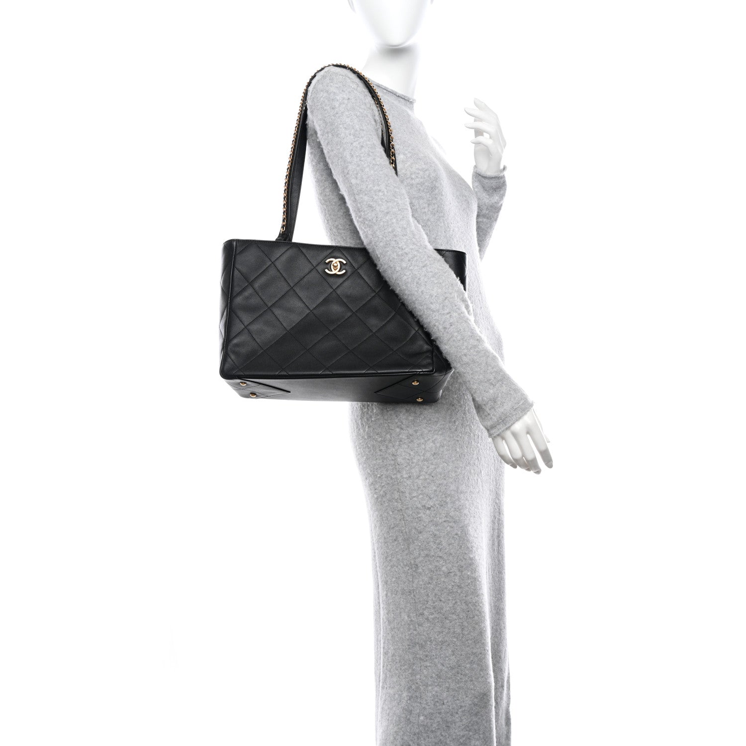 Chanel Calfskin Quilted Chain Shopping Tote Black Black 2 of 9