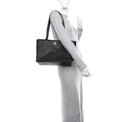 Chanel Calfskin Quilted Chain Shopping Tote Black Black 2 of 9