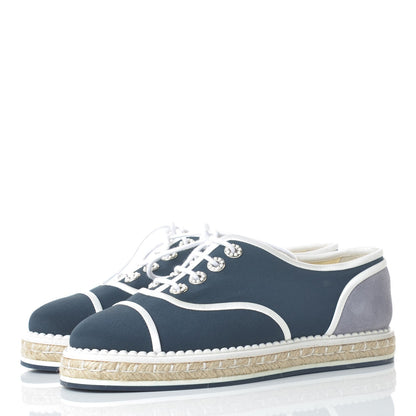 Chanel Crepe Suede Lace Up Espadrilles 36 Navy Grey 3 of 9