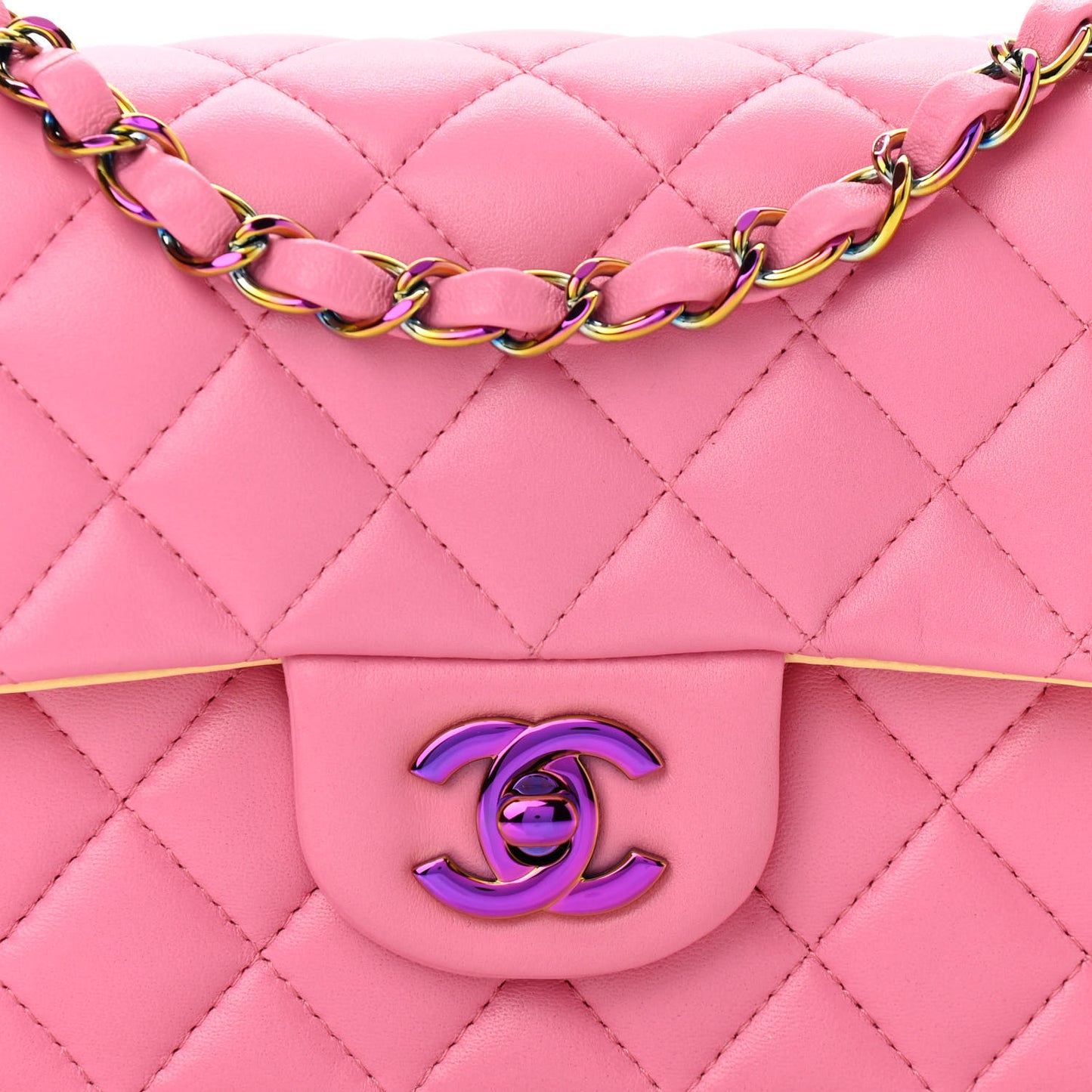 Lambskin Quilted Mini Rectangular Flap Pink Yellow